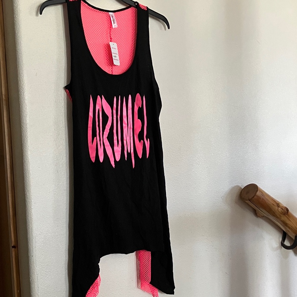 Black with Neon Pink‎ Mesh Sleeveless Cover-up Top